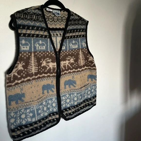 Vintage Vest Wool Neutral Evidence Pattern Brown and Blue Warm and Cozy Vest - Picture 2 of 13